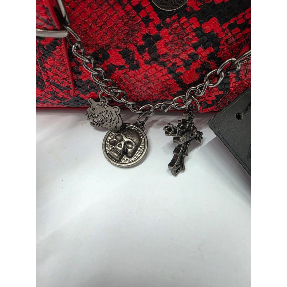 Ed Hardy Red Black Snakeskin Satchel Bag Y2K Skull Tiger Charms Crossbody NEW - Picture 6 of 6